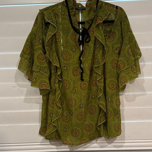 Rouge Helium Olive Patterned Blouse with Ruffles - Picture 1 of 5